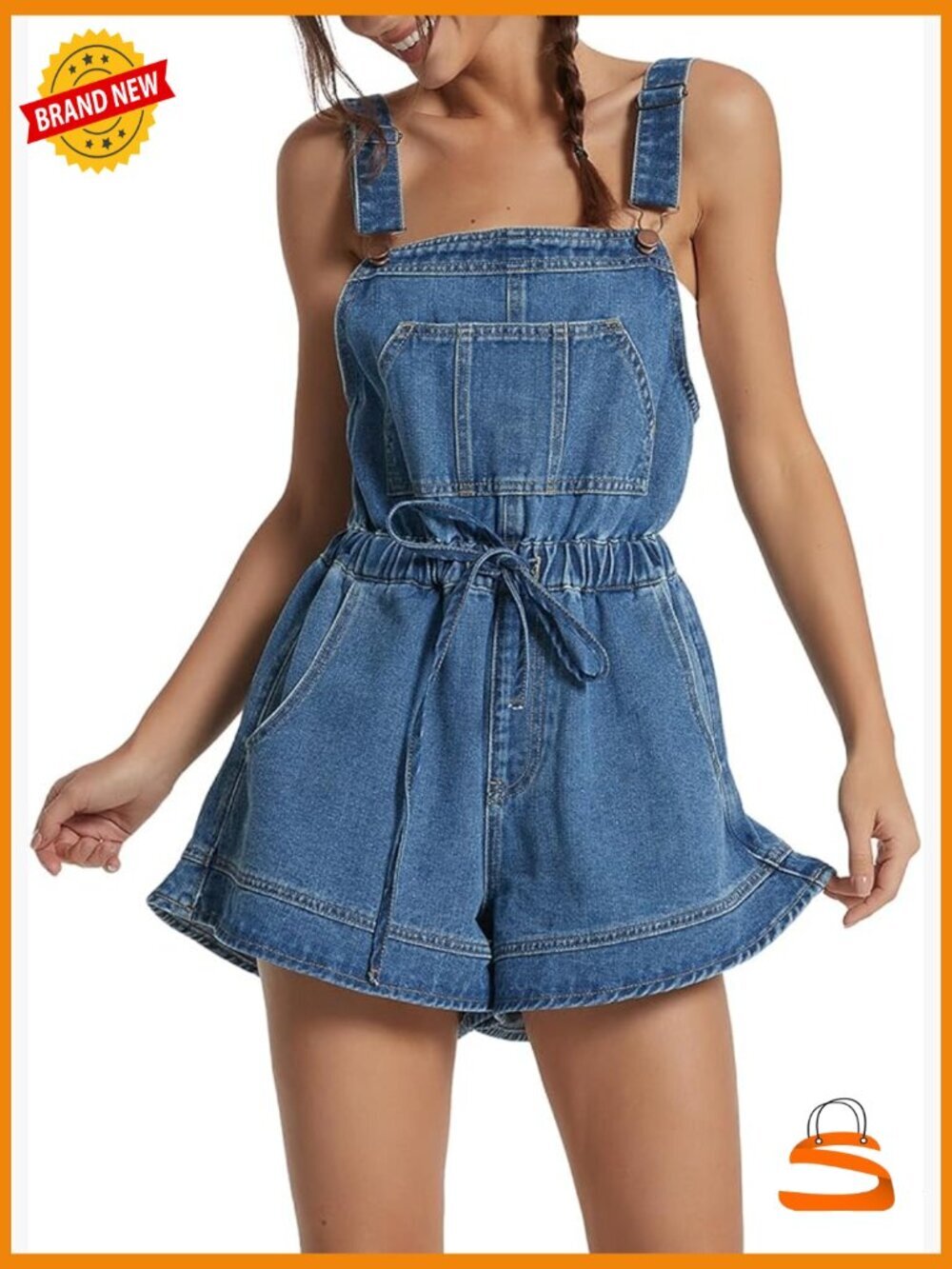Sleeveless Denim Romper Shorts with Ruffle Hem Adjustable Strap Casual Jumpsuit